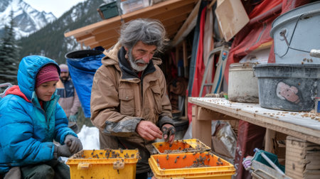 Man and child inspecting beekeeping frames in winter. Intergenerational bee farm. Concept of...