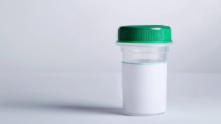 Transparent clean urine analysis container with a green lid. Clear specimen cup on a white...