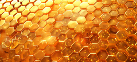 Stylized Honeycomb pattern with honey. Hexagonal Beeswax structure. Concept of apiculture,...
