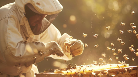 Apiarist in protective gear working with beehives. Beekeeper examines honeycomb outdoors. Concept of beekeeping, bee farming, sustainable agriculture, honey harvesting, and apiary management.の写真素材