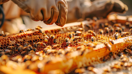 Beekeeper engaged in honey harvesting from hives. Handling bees on honeycomb frames. Concept of...