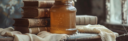 Cozy reading corner with honey, lace, and vintage books. Rustic charm meets literature. Concept of tranquil afternoons, sweet pastimes, and historical ambiance.の写真素材