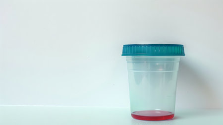 Transparent urine analysis container with a green lid. Clear specimen cup on a white background. Concept of urinalysis, medical examination, and specimen collection. Banner. Copy spaceの写真素材