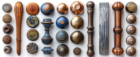 Collection of decorative furniture handles in mixed finishes. Ornate metal knobs and pulls on white...