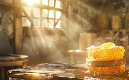 Amber honeycomb piece with honey on rustic wooden surface. Concept of organic production, rustic...