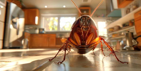 Cockroach on kitchen floor. Close up. Domestic pest in a home environment. Concept of home hygiene,...