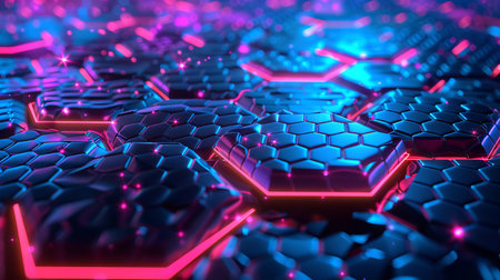 Hexagon tiles with neon lighting in pink and blue. Close-up of abstract digital mosaic. Futuristic...