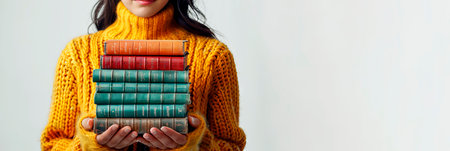 Woman holding a stack of books in her hands. Vintage books in female palms. Concept of education,...