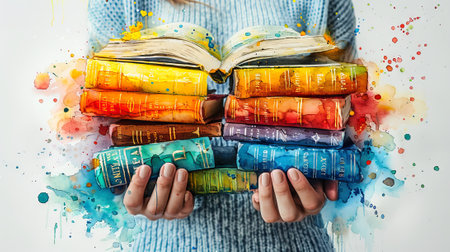 Woman holding a stack of books in her hands. Colorful books in female palms. Concept of education, reading, knowledge, and library collection. Watercolor art. Aquarelle splashの写真素材