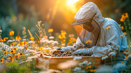 Beekeeper managing beehives in a field of wildflowers. Apiculturist at work during golden hour....