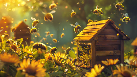 Bees buzzing around a hive amidst vibrant flowers. Beehive in a sunlit floral meadow. Concept of...