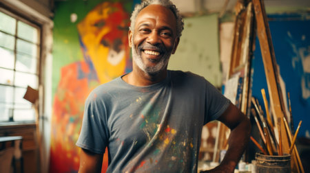 Elderly smiling African American man artist next to his artwork in an art studio. Concept of artistic talent, senior creativity, art therapy, interesting hobby, exciting leisure time, oil paintingのeditorial素材