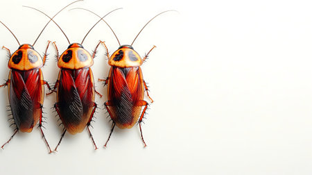 Several cockroaches on white background. Top view of cockroaches. Pest insects. Concept of pest...