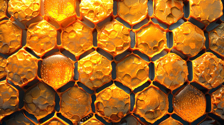 Stylized Honeycomb pattern with honey. Hexagonal Beeswax structure. Concept of apiculture,...