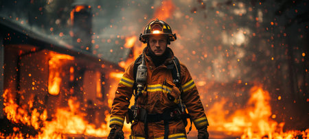 Determined firefighter with a burning building in the background. Fire service professional in action. Concept of courage, firefighting, emergency services, and dedication.の写真素材