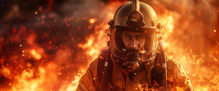 Determined firefighter amidst a blaze. Fireman in action with flames around. Concept of bravery, emergency response, danger management, and heroism. Copy spaceの写真素材