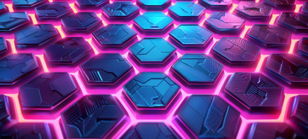 Futuristic neon pink and blue hexagonal tiles. Abstract digital pattern. Background. Futuristic Honeycombs. Concept of modern technology, cybernetics, and advanced computing.の写真素材