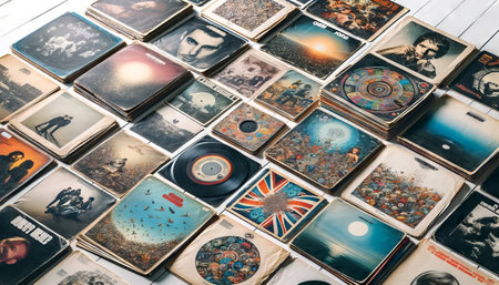 Collection of vintage vinyl records with artistic album covers. Classic LPs on display. White wooden background. Concept of retro music, vinyl revival, and collectible records.のeditorial素材