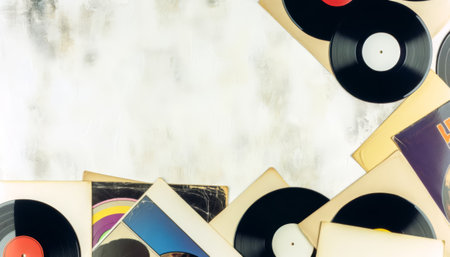 Collection of vintage vinyl records with artistic album covers. Classic LPs. Top view. Light...