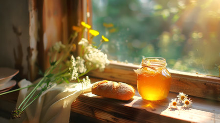 Sunlit honey jar and fresh bread on a windowsill with chamomile flowers. Rustic breakfast setting. Concept of cozy morning, natural sweetener, country living, homemade, artisanal foodsの写真素材
