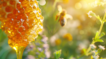 Golden honey flow from a natural honeycomb, lit by sunlight. Vibrant bokeh lush greenery background. Concept of natural sweetener, organic food, and beekeeping products. Copy spaceの写真素材
