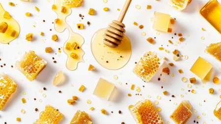 Honeycomb, honey pools, and dipper on a light surface. Natural honey and honeycomb. Concept of...
