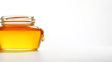 Amber honey in a transparent glass jar isolated on white background. Concept of simplicity, natural sweeteners, healthy eating, and bee products. Banner. Copy spaceの写真素材
