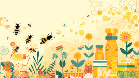 Bees with flowers and honeycombs on a cream backdrop. Illustrated honeybees in a floral and hive...