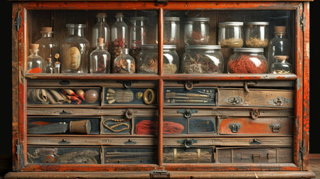 Vintage apothecary cabinet filled with jars and tools. Antique wooden drawer unit storing diverse...