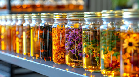 Herbal tinctures in multicolored glass jars lined up on a shelf. Glass vessels filled with medicinal...