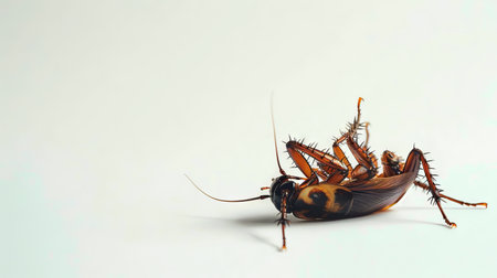 Dead cockroach lying on its back on light background. Pest insect. Perfect for pest control service...