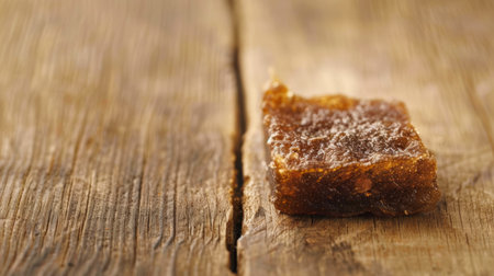 Dark brown piece of propolis on wooden background. Raw bee glue on textured wood. Concept of natural bee products, apitherapy, alternative medicine, and health remedies.の写真素材