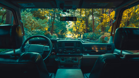 View from inside an SUV, surrounded by the lush greenery of a forest setting. Comfortable black leather seats invite on a nature escape. Concept of wilderness drives, nature connection, and outdoor adventures.の写真素材