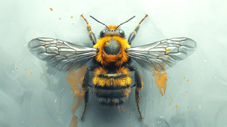 Bee digital illustration. Detailed honeybee art on light blue background. Bumblebee. Concept of nature, insect, wildlife art, entomology study, and natural beauty.の写真素材