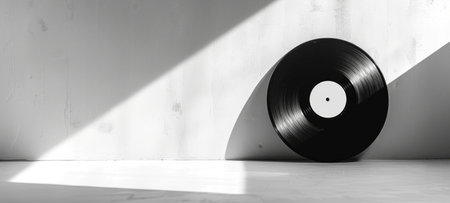 Single vintage vinyl record leaning against plain, white textured wall, with soft shadows creating a subtle interplay of light and dark. Minimalist design. Banner with copy space. Retro music conceptの写真素材