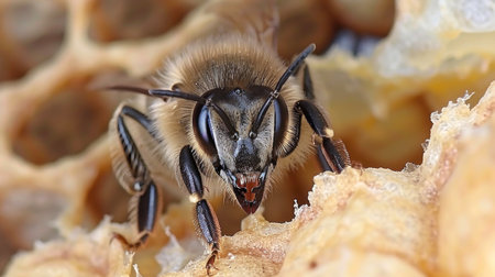 Bee harvesting honey on a honeycomb. Insect on honeyed hive in sunlight. Concept of apiculture,...