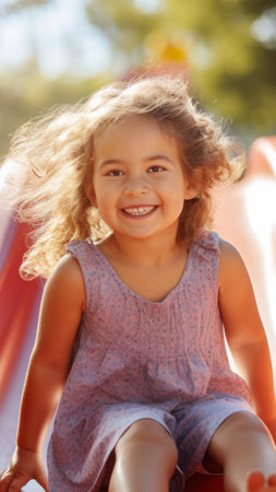 Smiling kid girl sliding down a red playground slide. Concept of childhood joy, playtime fun,...