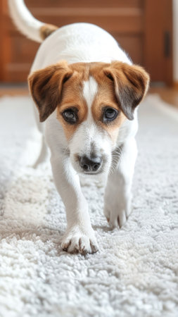 Close-up of a brown and white dog on a fluffy carpet. Portrait of a curious Jack Russell Terrier. Concept of domestic pets, canine expressions, and cozy home settings. Verticalの写真素材