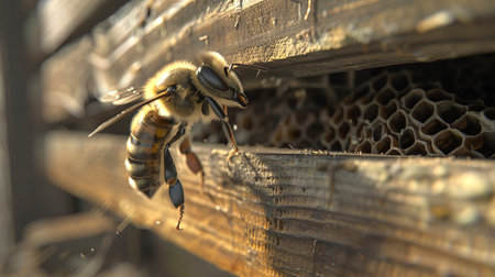 Bee in motion entering the beehive at dawn. The diligent work of a pollinator. Concept of bee...