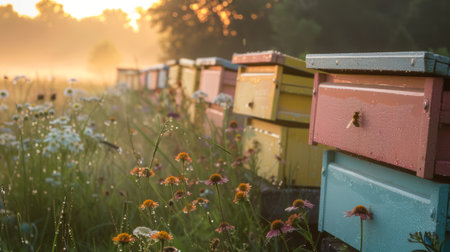 Peaceful apiary among wildflowers. Bee hives in a sunlit meadow. Beekeeping. Concept of apiculture, honey farming, serene agriculture, natural beauty, pollinator habitatsの写真素材