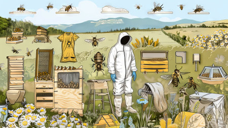 Illustration of beekeeping activities and equipment in a pastoral setting. Apiary tools and beekeeper in a meadow. Concept of sustainable bee farming, honey production, and rural livelihoods.の写真素材