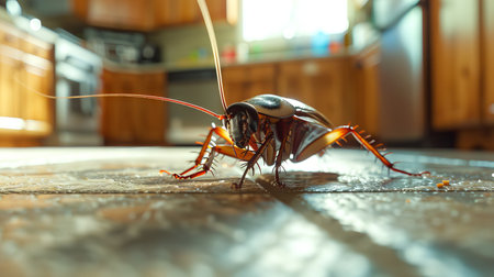 Domestic cockroach in a kitchen scene. A common household pest on the floor. Concept of cleanliness,...
