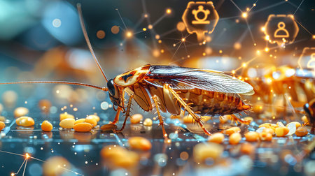 Cybernetic cockroach on digital interface. Futuristic pest concept with technology. Concept of...