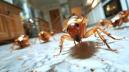 Pest cockroaches navigating a kitchen surface. Unwanted insect in a household setting. Concept of...
