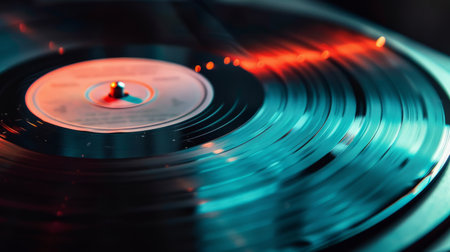 Vintage vinyl record close up with intricate grooves. Reflective surface of classic music medium. Concept of audio detail, record collecting, musical nostalgia, analog technology. Copy spaceの写真素材