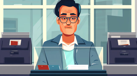 Asian man casting his ballot at a polling station. Asian male voter. Concept of democracy, elections, civic duty, diversity. Digital illustrationの写真素材