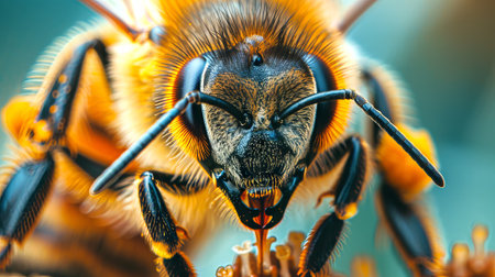 Close-up of a bumblebee with vivid details. Macro image of a bee with antennae and wings. Concept of macro photography, insect features, nature s engineering, and wildlife.の写真素材