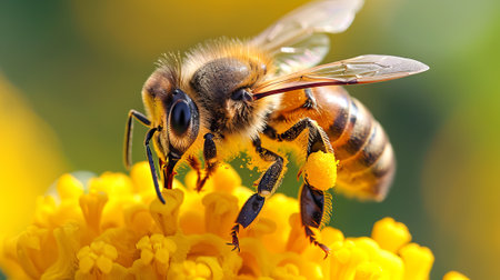 Bee with pollen on legs on a yellow flower. Close-up of bee pollinating a bloom. Concept of spring,...