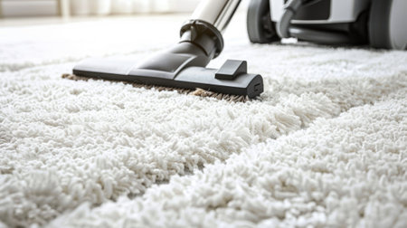 Close-up of vacuum cleaner head on white rug. Thorough carpet cleaning. Vacuuming. Concept of household chores, home hygiene, routine housework, effective cleaning tools.の写真素材
