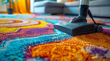Close-up of vacuum cleaner head on a colorful, patterned rug. Thorough carpet cleaning. Vacuuming. Concept of household chores, deep cleaning, home hygiene, routine housework, effective cleaning toolsの写真素材